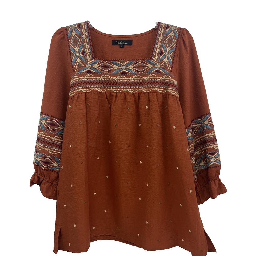 Calessa Women's Top Size L Burnt Orange Southwestern Aztec Embroidery Boho